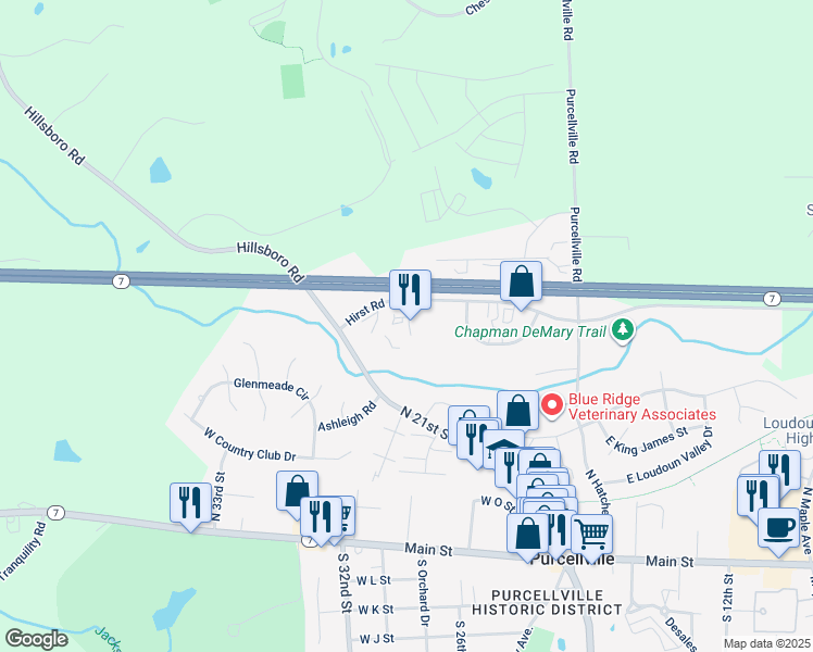 map of restaurants, bars, coffee shops, grocery stores, and more near 401 Browning Court in Purcellville