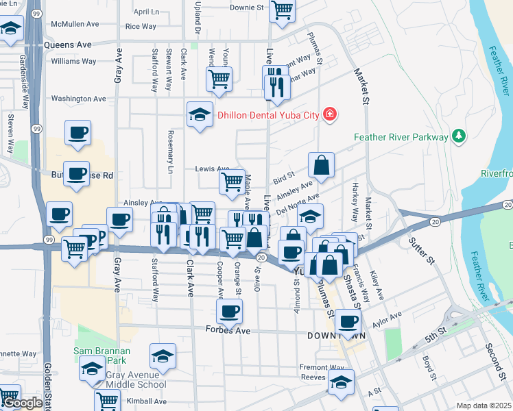 map of restaurants, bars, coffee shops, grocery stores, and more near 1037 Maple Avenue in Yuba City