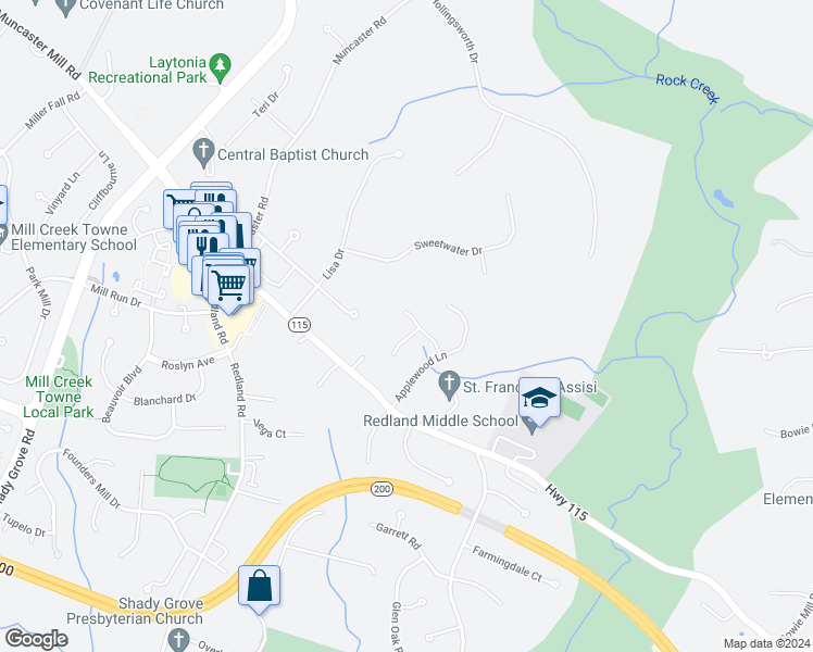 map of restaurants, bars, coffee shops, grocery stores, and more near 6708 Applewood Place in Derwood