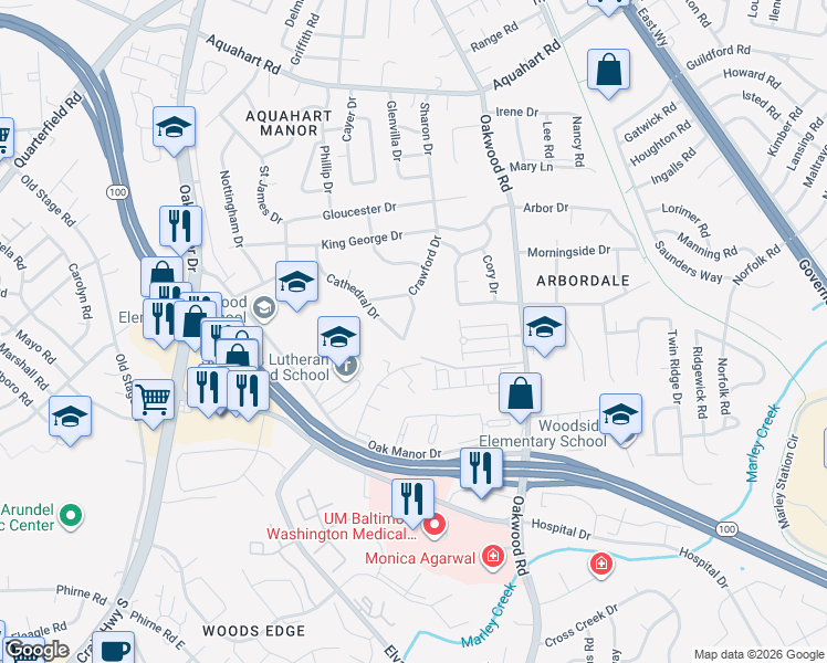 map of restaurants, bars, coffee shops, grocery stores, and more near 1207 Hutton Drive in Glen Burnie
