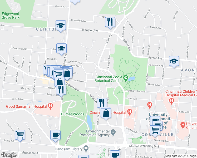 map of restaurants, bars, coffee shops, grocery stores, and more near Bishop St & Hosea Ave in Cincinnati