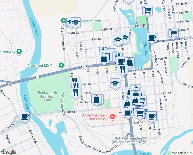 map of restaurants, bars, coffee shops, grocery stores, and more near 822 H Street in Marysville