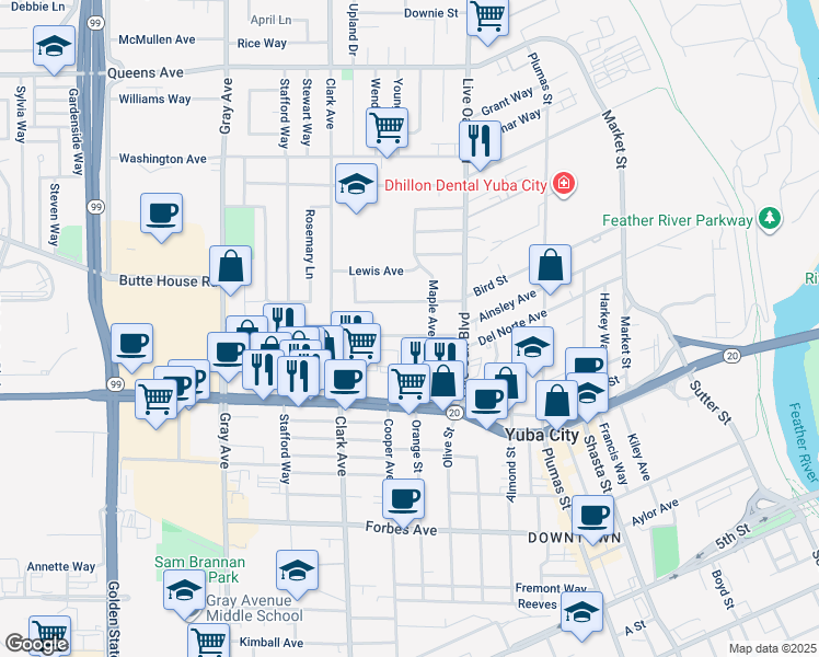 map of restaurants, bars, coffee shops, grocery stores, and more near 575 Ainsley Avenue in Yuba City