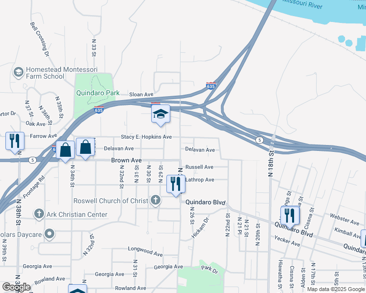 map of restaurants, bars, coffee shops, grocery stores, and more near 2636 Delavan Avenue in Kansas City