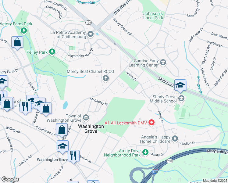map of restaurants, bars, coffee shops, grocery stores, and more near 17600 Silver Dollar Court in Gaithersburg
