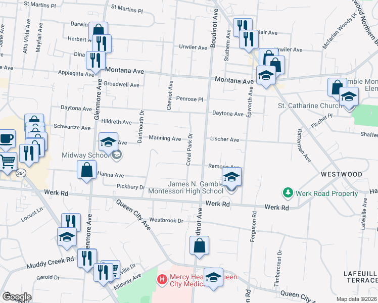 map of restaurants, bars, coffee shops, grocery stores, and more near 3109 Coral Park Drive in Cincinnati