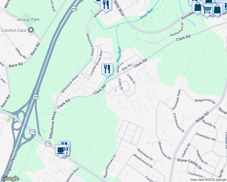 map of restaurants, bars, coffee shops, grocery stores, and more near 7810 Clark Road in Jessup
