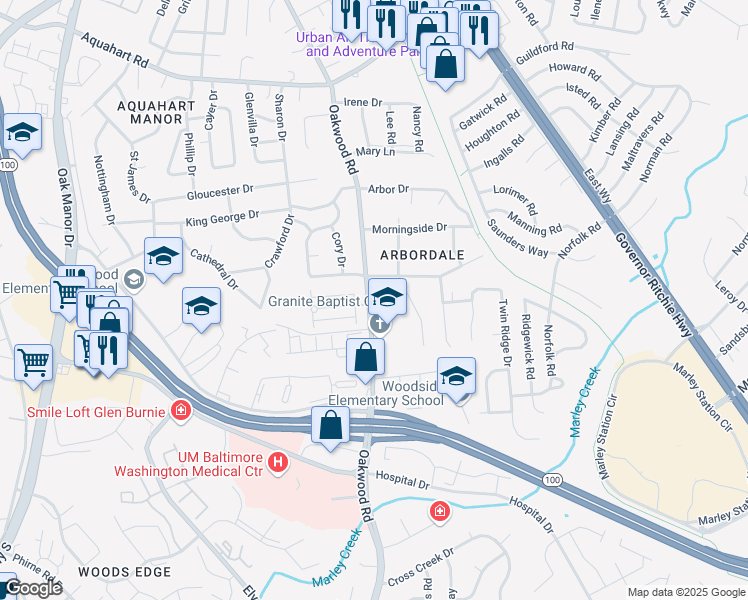 map of restaurants, bars, coffee shops, grocery stores, and more near 7809 Oakwood Road in Glen Burnie