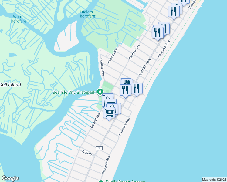 map of restaurants, bars, coffee shops, grocery stores, and more near 5911 Central Avenue in Sea Isle City
