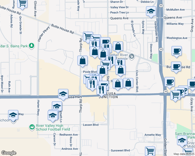 map of restaurants, bars, coffee shops, grocery stores, and more near 1633 Starr Drive in Yuba City