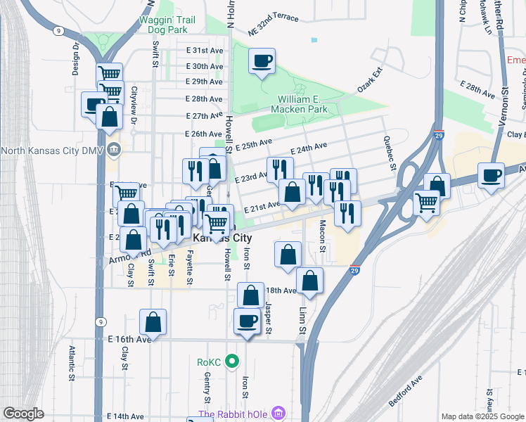 map of restaurants, bars, coffee shops, grocery stores, and more near 817 East 21st Avenue in North Kansas City