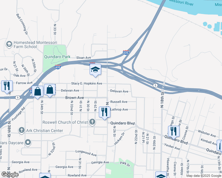 map of restaurants, bars, coffee shops, grocery stores, and more near 2636 Delavan Avenue in Kansas City