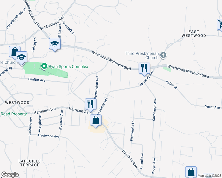 map of restaurants, bars, coffee shops, grocery stores, and more near 3107 McHenry Avenue in Cincinnati