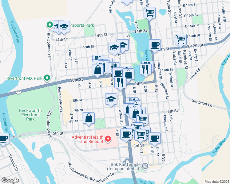 map of restaurants, bars, coffee shops, grocery stores, and more near 822 F Street in Marysville