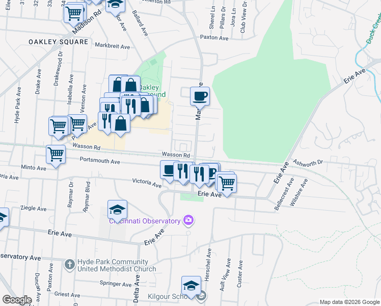 map of restaurants, bars, coffee shops, grocery stores, and more near 3374 Wasson Road in Cincinnati