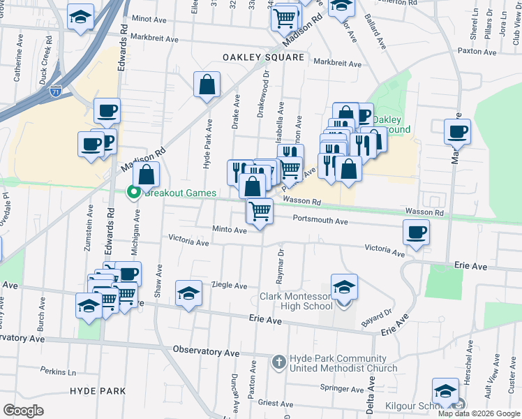 map of restaurants, bars, coffee shops, grocery stores, and more near in Cincinnati