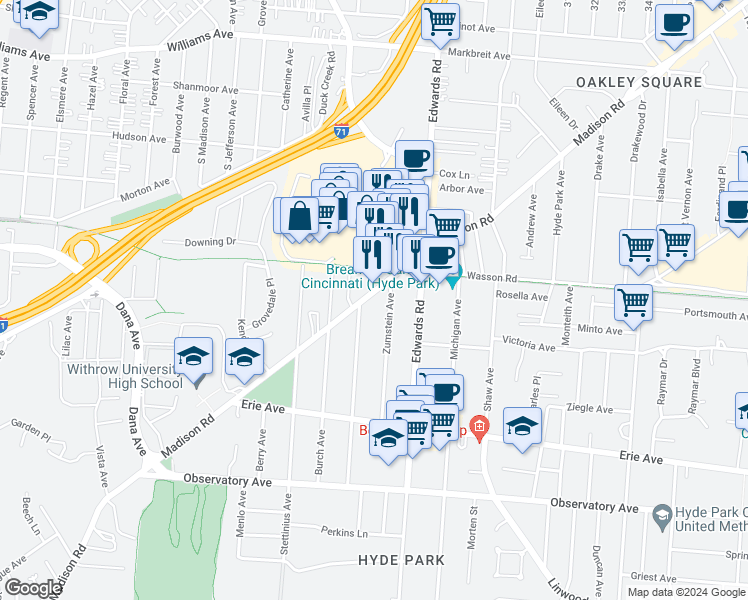 map of restaurants, bars, coffee shops, grocery stores, and more near 2630 Madison Road in Cincinnati