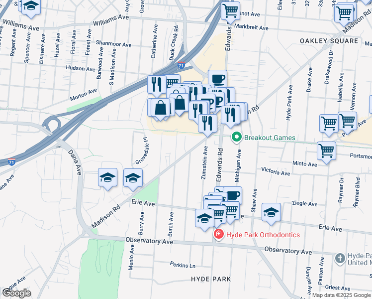 map of restaurants, bars, coffee shops, grocery stores, and more near 2630 Madison Road in Cincinnati