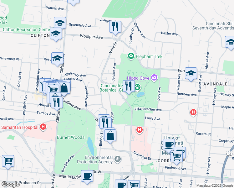 map of restaurants, bars, coffee shops, grocery stores, and more near 3465 Vine Street in Cincinnati
