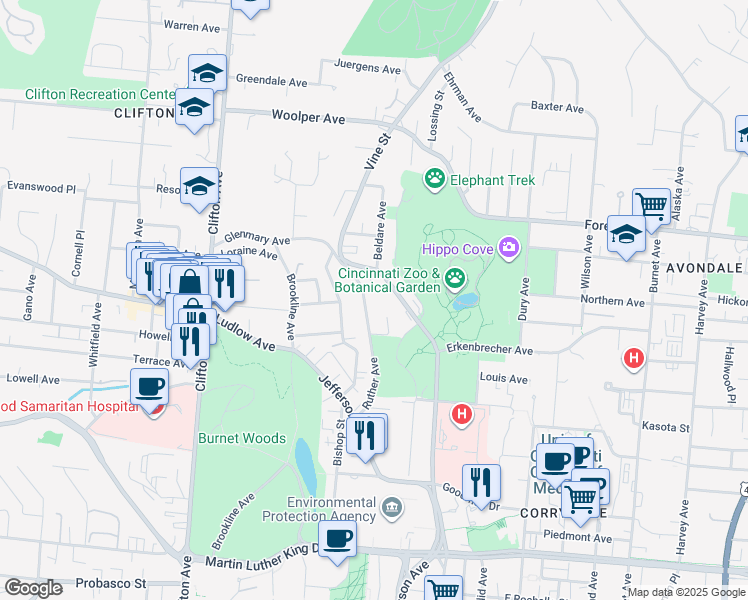 map of restaurants, bars, coffee shops, grocery stores, and more near 3465 Vine Street in Cincinnati