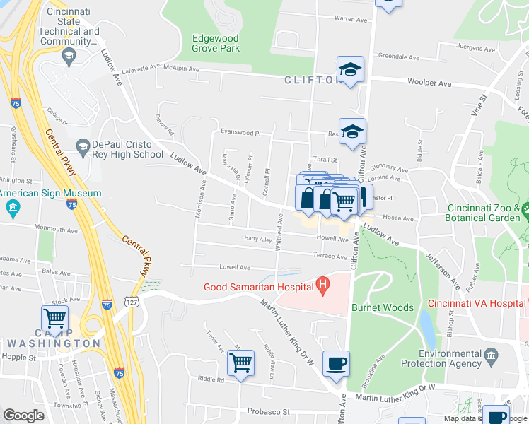 map of restaurants, bars, coffee shops, grocery stores, and more near 451 Ludlow Avenue in Cincinnati