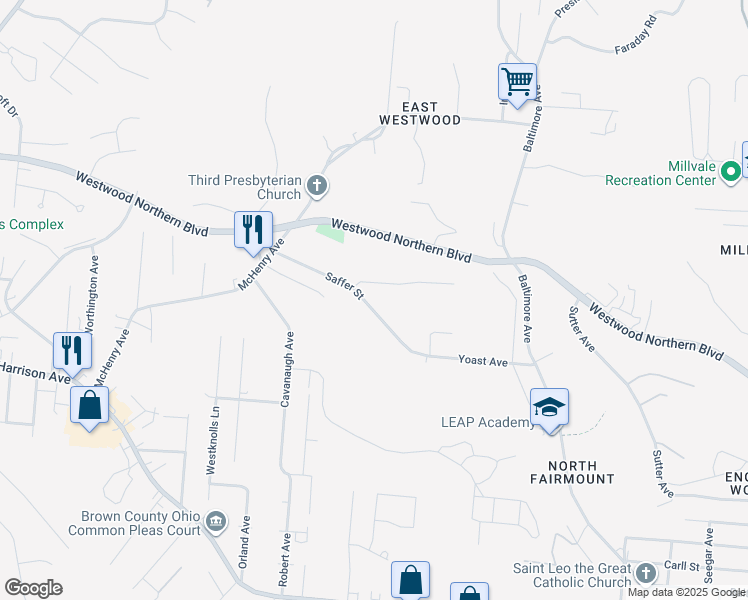 map of restaurants, bars, coffee shops, grocery stores, and more near 3174 Saffer Street in Cincinnati
