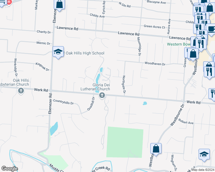 map of restaurants, bars, coffee shops, grocery stores, and more near 3182 Lakepointe Court in Cincinnati