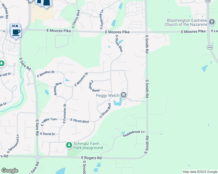 map of restaurants, bars, coffee shops, grocery stores, and more near 2713 S Olcott Blvd in Bloomington
