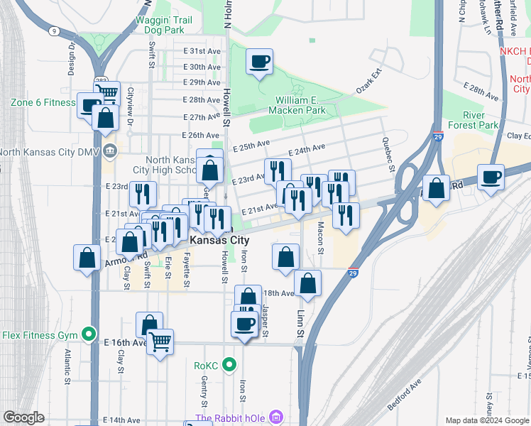 map of restaurants, bars, coffee shops, grocery stores, and more near 817 East 21st Avenue in North Kansas City