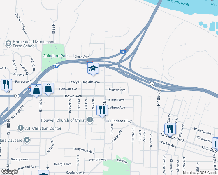 map of restaurants, bars, coffee shops, grocery stores, and more near 2636 Delavan Avenue in Kansas City