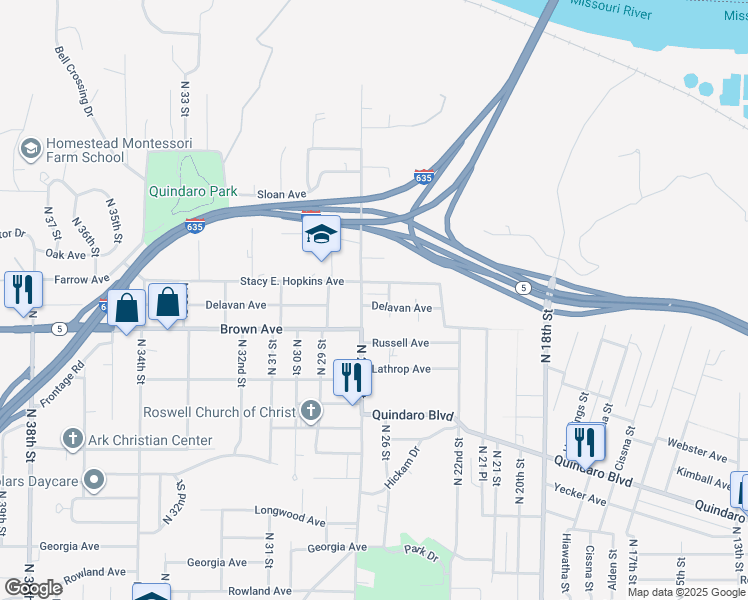 map of restaurants, bars, coffee shops, grocery stores, and more near 2636 Delavan Avenue in Kansas City