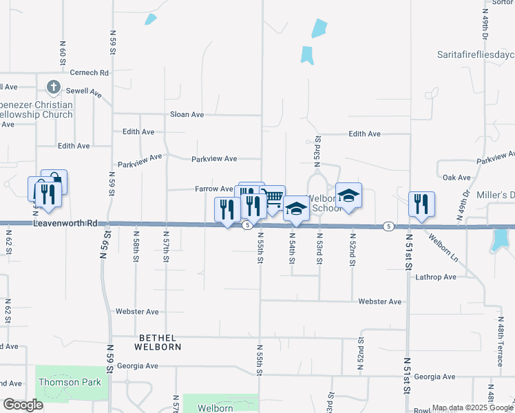 map of restaurants, bars, coffee shops, grocery stores, and more near 3123 North 55th Street in Kansas City