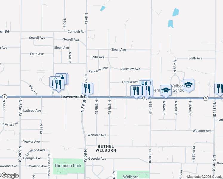map of restaurants, bars, coffee shops, grocery stores, and more near 3123 North 57 Street in Kansas City