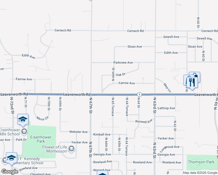 map of restaurants, bars, coffee shops, grocery stores, and more near 6619 Farrow Avenue in Kansas City