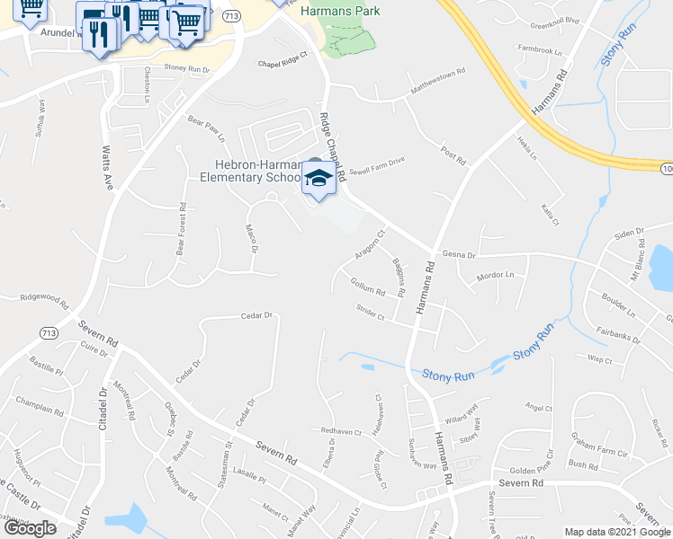 map of restaurants, bars, coffee shops, grocery stores, and more near 7724 Aragorn Court in Hanover