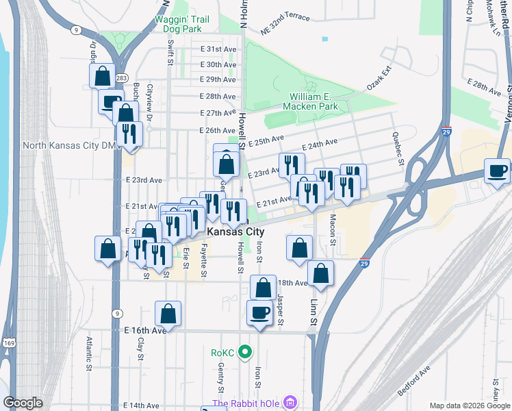 map of restaurants, bars, coffee shops, grocery stores, and more near Iron St & E 21st Ave in North Kansas City