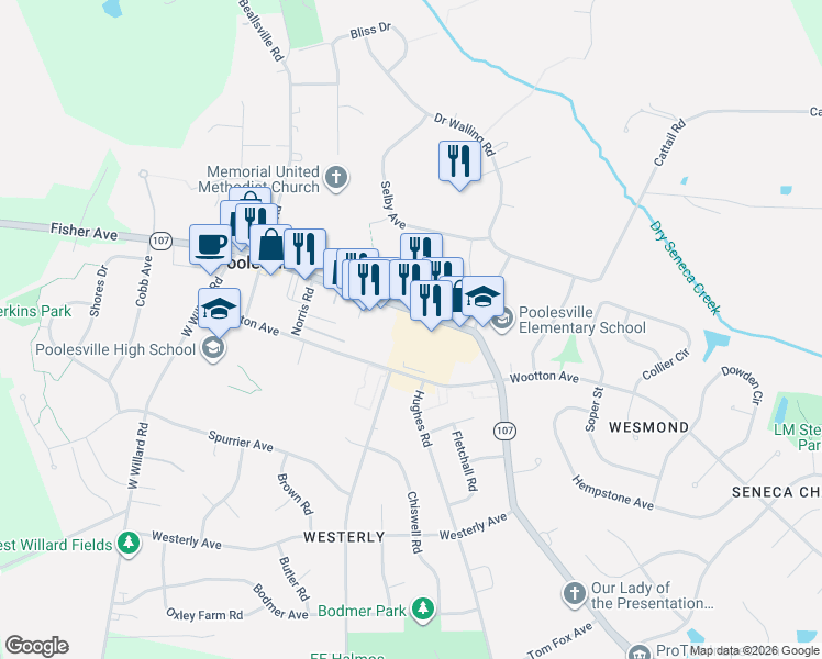 map of restaurants, bars, coffee shops, grocery stores, and more near 19630 Fisher Ave in Poolesville