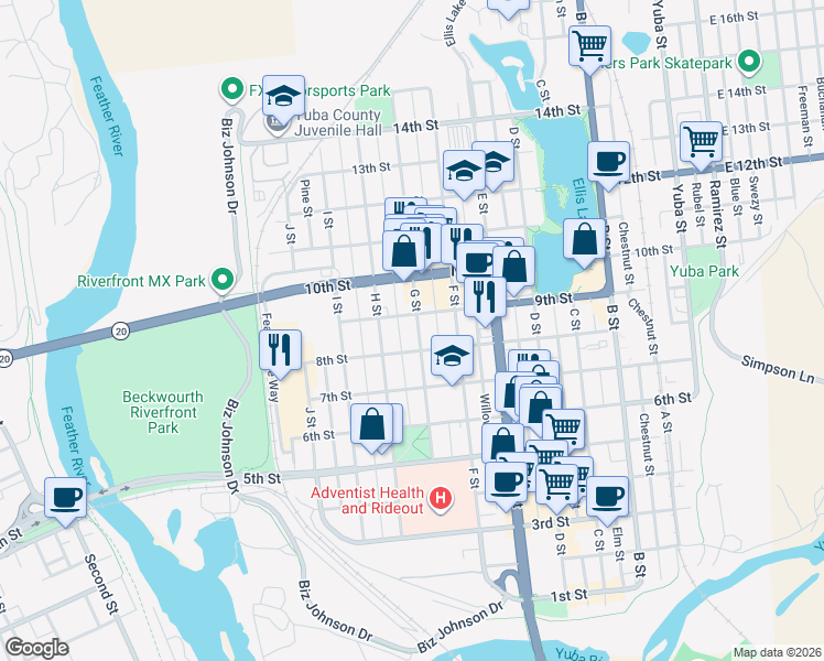 map of restaurants, bars, coffee shops, grocery stores, and more near 820 G Street in Marysville