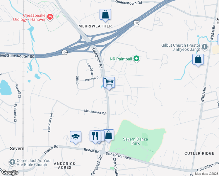 map of restaurants, bars, coffee shops, grocery stores, and more near 7722 Venice Lane in Severn