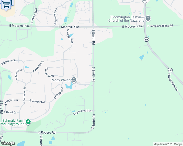 map of restaurants, bars, coffee shops, grocery stores, and more near 2400 South Smith Road in Bloomington