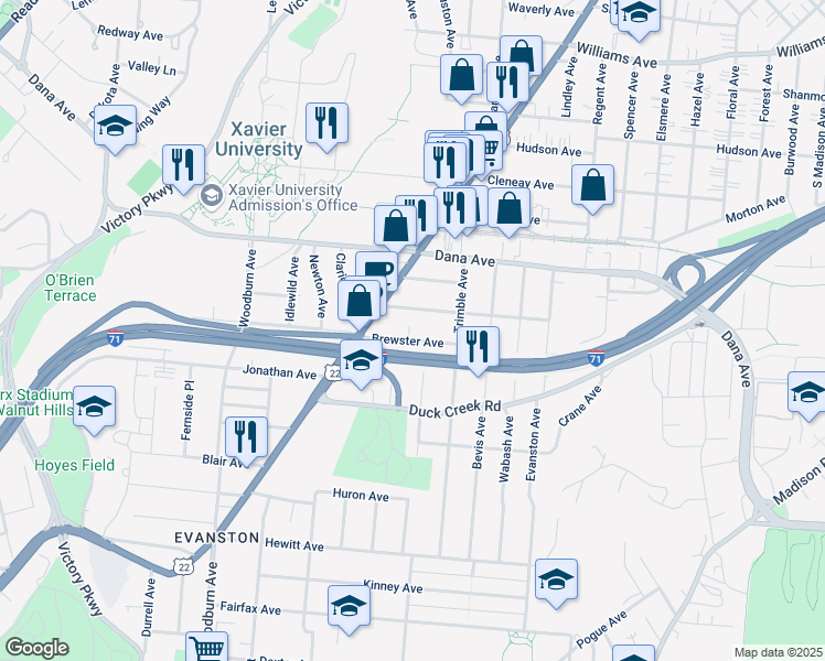 map of restaurants, bars, coffee shops, grocery stores, and more near 1812 Brewster Avenue in Cincinnati