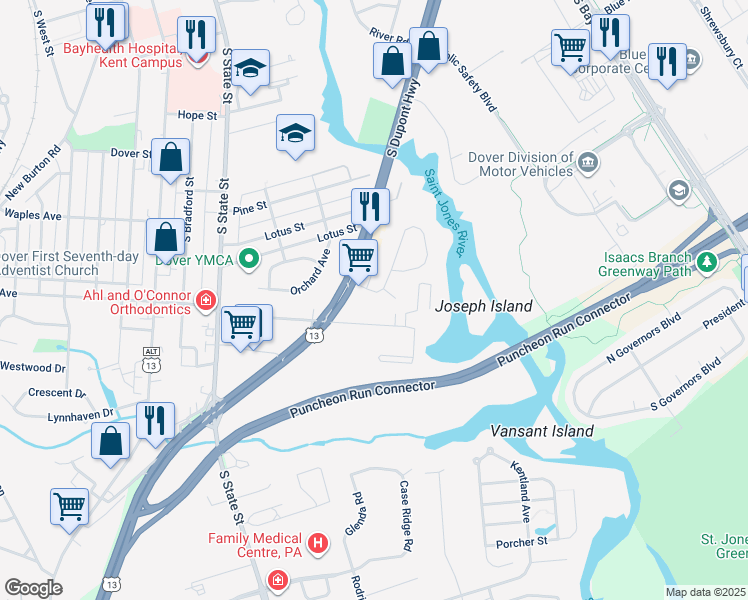 map of restaurants, bars, coffee shops, grocery stores, and more near 5 Evergreen Circle in Dover