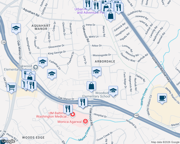 map of restaurants, bars, coffee shops, grocery stores, and more near 7779 New York Lane in Glen Burnie