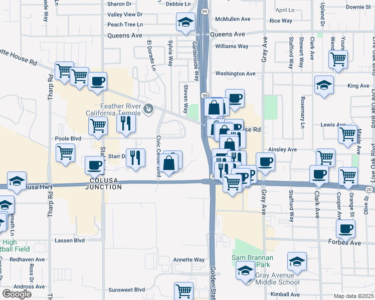 map of restaurants, bars, coffee shops, grocery stores, and more near 1445 Veterans Memorial Circle in Yuba City