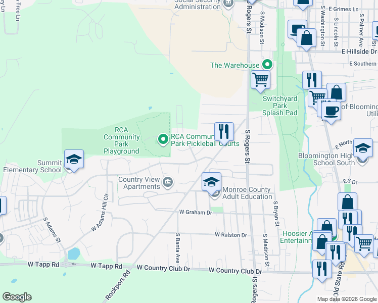 map of restaurants, bars, coffee shops, grocery stores, and more near 901 West Cardinal Court in Bloomington