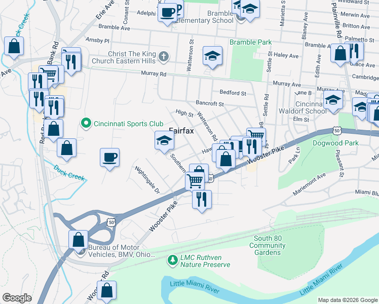 map of restaurants, bars, coffee shops, grocery stores, and more near 5813 Robert Street in Cincinnati