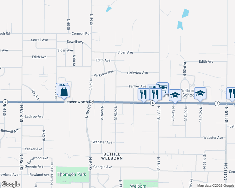 map of restaurants, bars, coffee shops, grocery stores, and more near 3123 North 57 Street in Kansas City