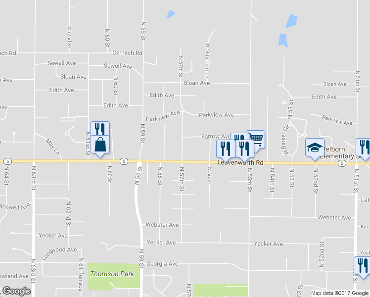 map of restaurants, bars, coffee shops, grocery stores, and more near 3123 North 57 Street in Kansas City