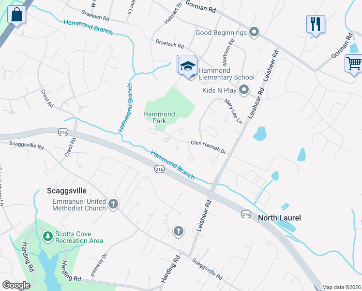 map of restaurants, bars, coffee shops, grocery stores, and more near 10603 Glen Hannah Drive in Laurel