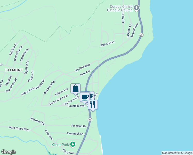 map of restaurants, bars, coffee shops, grocery stores, and more near 1545 Sequoia Avenue in Tahoe City